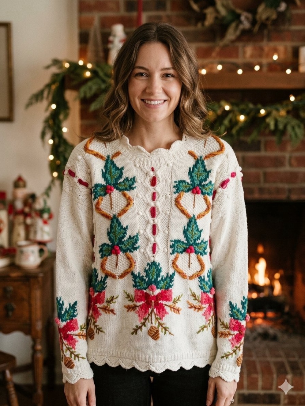 Jennifer Reed vintage Women's Cream Floral Embroidered Scallop-Edge Sweater Med
